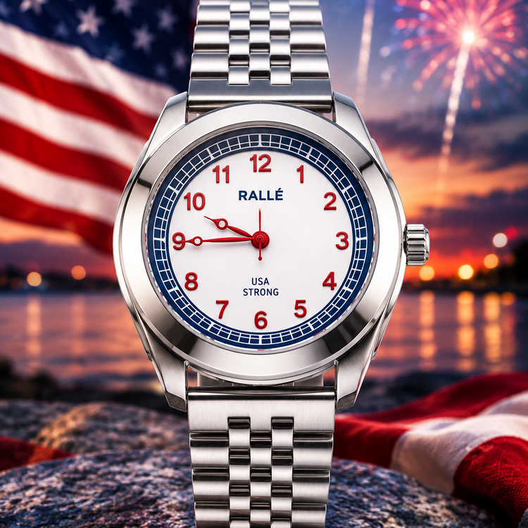 Rallé RALLÉ USA Strong Watch - Macro Detail View showing premium stainless steel case and dial details.