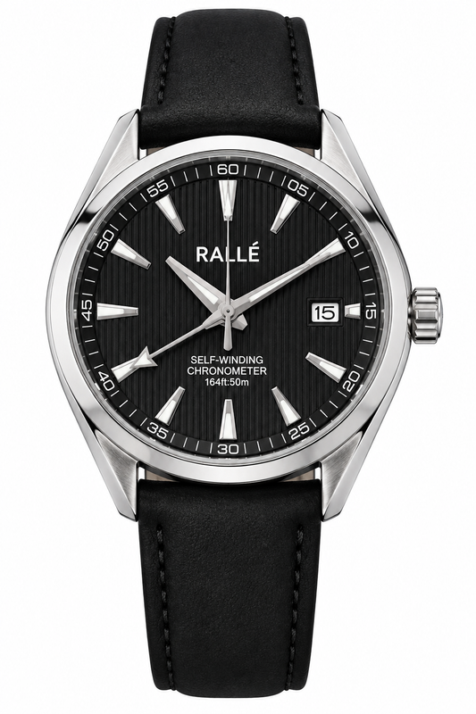 A Rallé wristwatch with a black dial, silver-tone stainless steel case, and a black leather strap, shown against a plain white background.