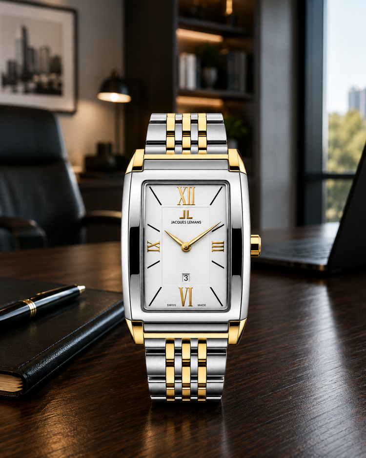 Jacques Lemans 1-1065 — Swiss-Made Two-Tone Tank Watch NOS