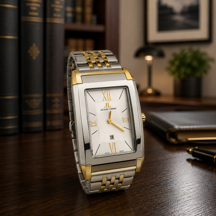 Jacques Lemans 1-1065 — Swiss-Made Two-Tone Tank Watch NOS
