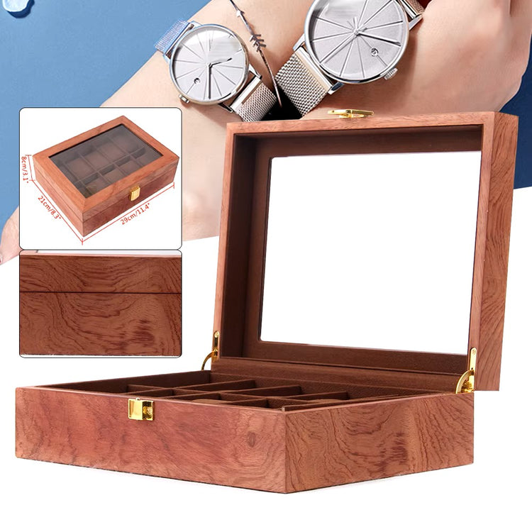 Watch Window Luxury 10-Slot Solid Wood Watch Display Box - Rosewood Grain