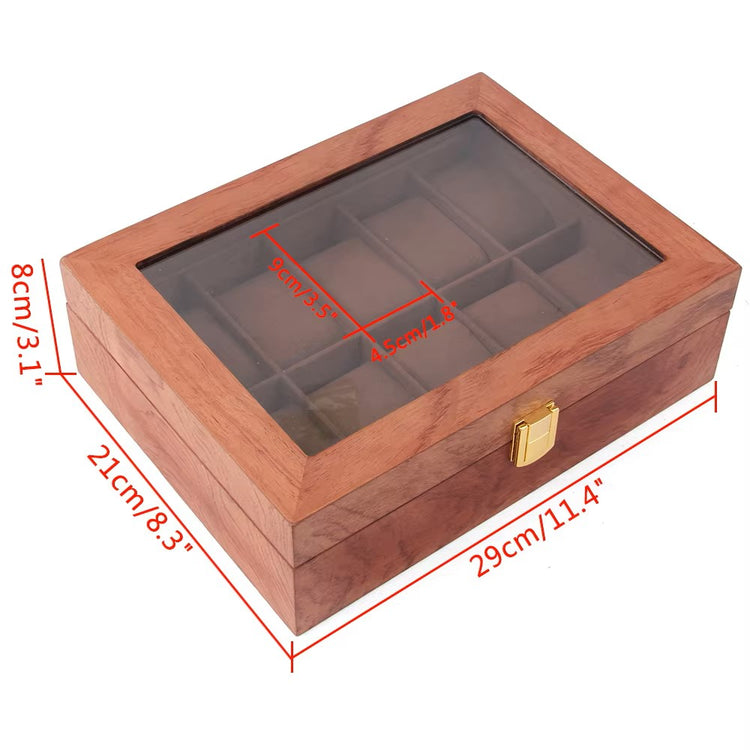 Watch Window Luxury 10-Slot Solid Wood Watch Display Box - Rosewood Grain