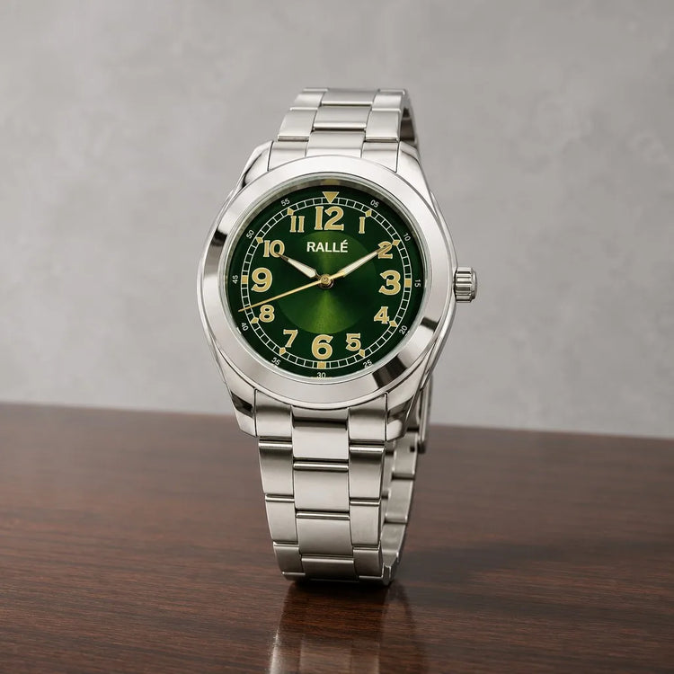 Rallé Greenwood Watch - Close-up of refined wood and steel craftsmanship in premium studio lighting.
