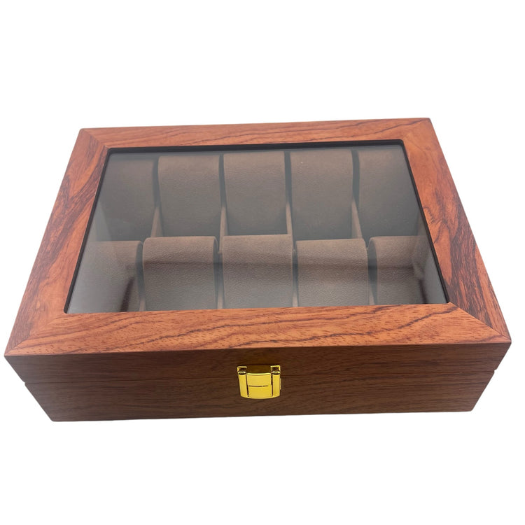 Watch Window Luxury 10-Slot Solid Wood Watch Display Box - Rosewood Grain