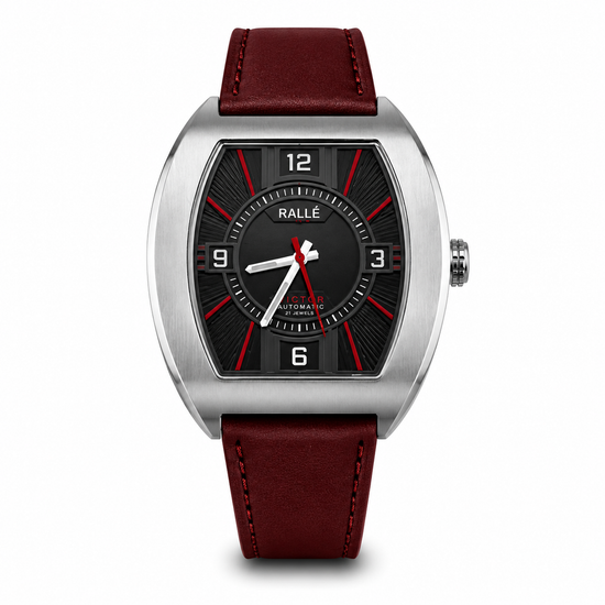A Rallé automatic watch with a silver-toned stainless steel case, a black dial with red accents, and a dark red leather strap, shown against a plain white background.