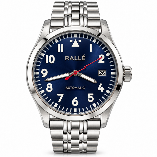 A Rallé automatic wristwatch with a silver stainless steel case and link bracelet, featuring a deep blue dial with bold white Arabic numerals and a red second hand.