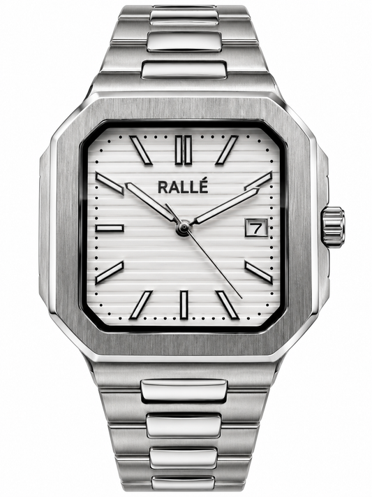 A silver-toned stainless steel wristwatch with an angular octagonal bezel, a white dial with black markings, and a matching metal link bracelet, shown against a plain white background.