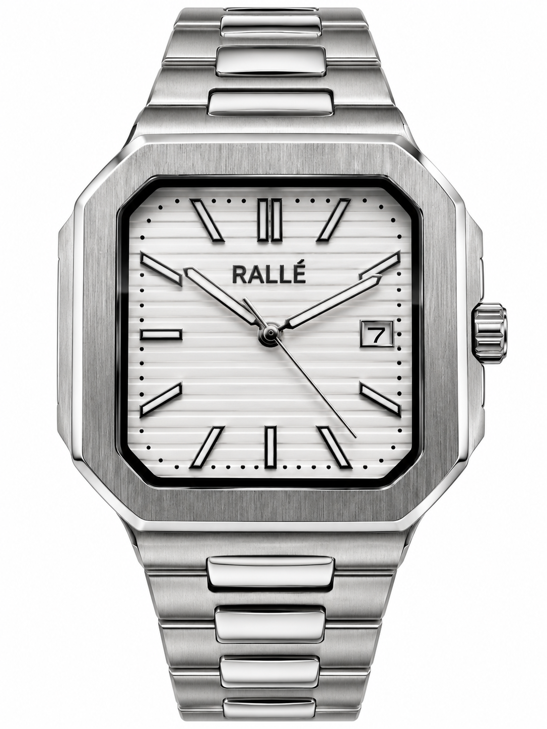 A silver-toned stainless steel wristwatch with an angular octagonal bezel, a white dial with black markings, and a matching metal link bracelet, shown against a plain white background.