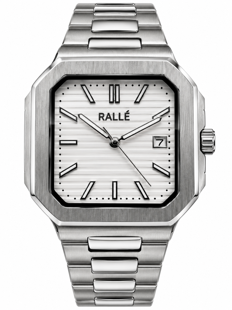 A silver-toned stainless steel wristwatch with an angular octagonal bezel, a white dial with black markings, and a matching metal link bracelet, shown against a plain white background.