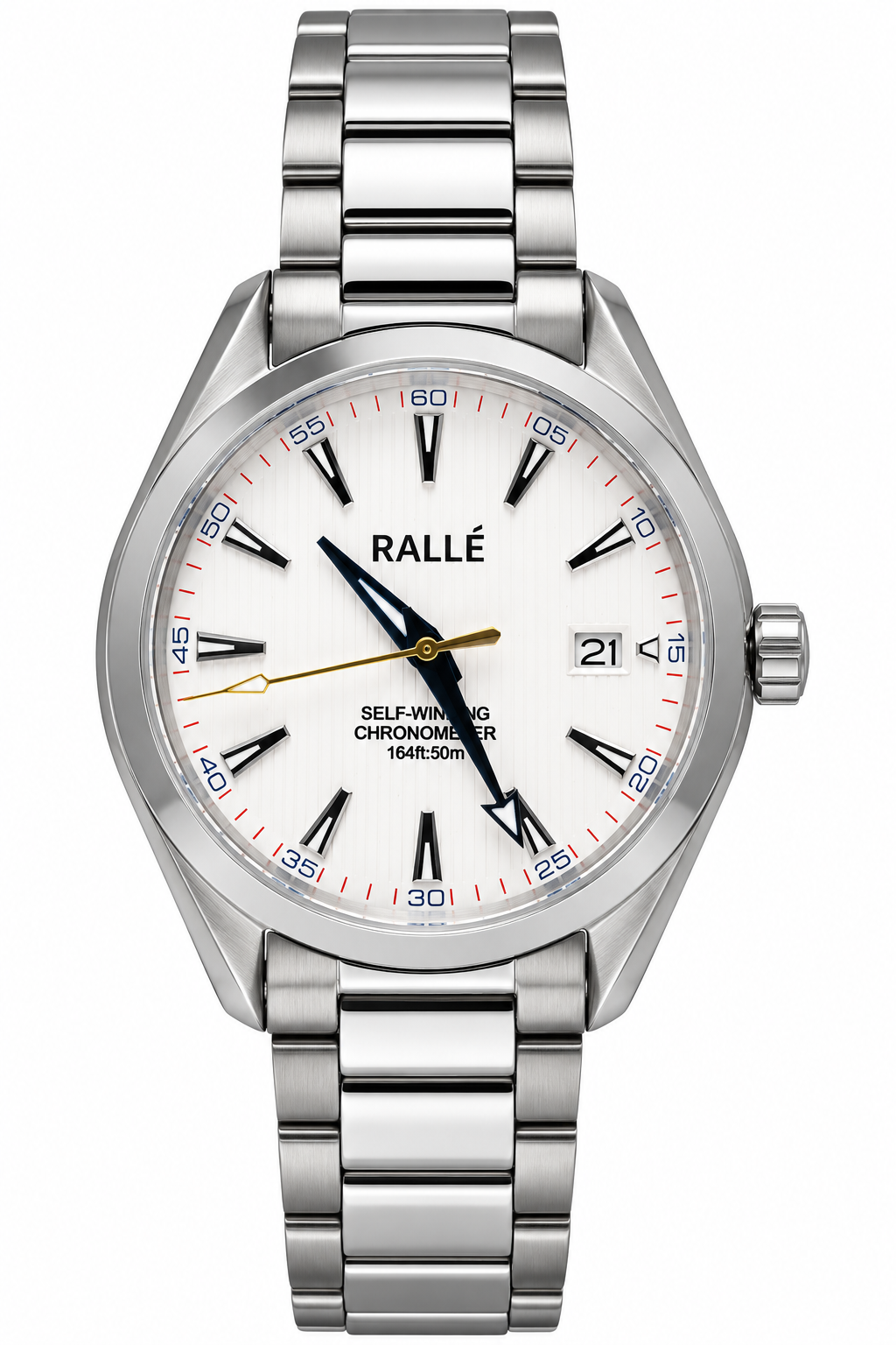 A Rallé stainless steel chronometer watch with a silver-tone metal link bracelet, featuring a white dial with black and red markings, black hands, and a date window at 3 o'clock.