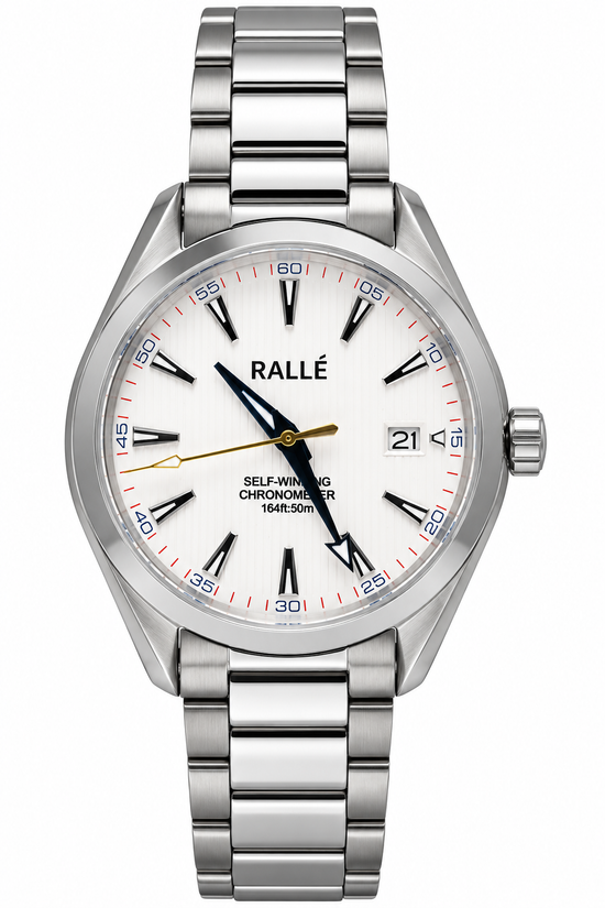 A Rallé stainless steel chronometer watch with a silver-tone metal link bracelet, featuring a white dial with black and red markings, black hands, and a date window at 3 o'clock.