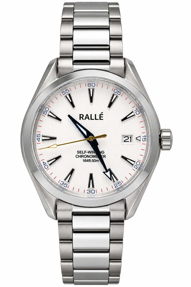 A Rallé stainless steel chronometer watch with a silver-tone metal link bracelet, featuring a white dial with black and red markings, black hands, and a date window at 3 o'clock.