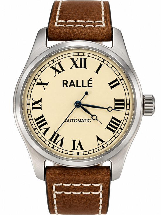 Rallé automatic wristwatch with a silver-tone round case, cream-colored dial with black Roman numerals, and a brown leather strap with white contrast stitching.