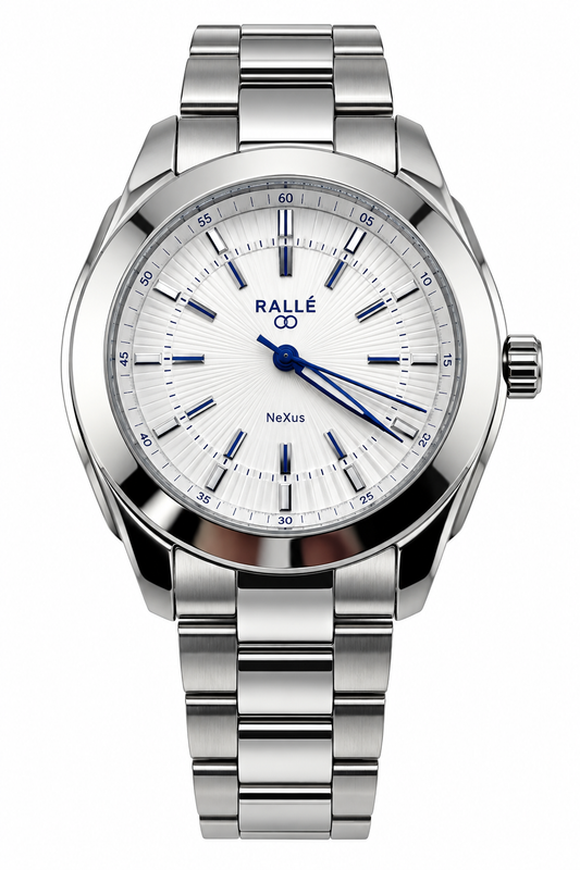 A stainless steel wrist watch with a silver-tone metal case and link bracelet, featuring a white dial with blue hands, blue hour markers, and the brand name 'RALLÉ' printed on the face.