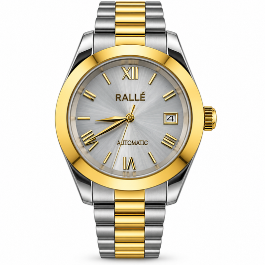 A RALLÉ automatic wristwatch with a two-tone stainless steel and gold link bracelet, a gold bezel, and a silver sunburst dial with gold Roman numerals.