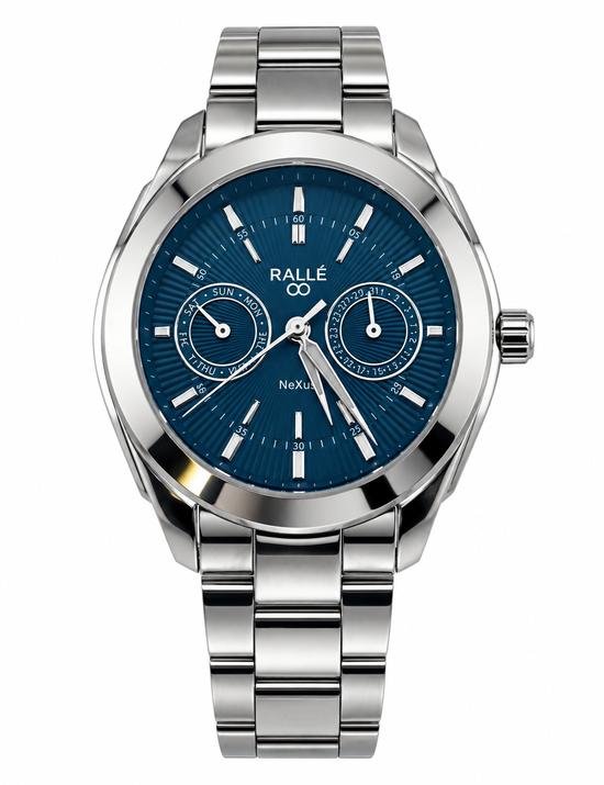 A silver stainless steel wrist watch with a blue sunburst dial, featuring three subdials, silver-tone hour markers, and a matching steel link bracelet. The brand name 'RALLÉ' is clearly visible on the dial.