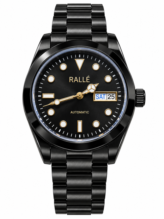 A RALLÉ automatic wristwatch with a black stainless steel case and integrated bracelet, featuring a black dial with gold-tone indices and hands, and a day-date window at 3 o'clock.