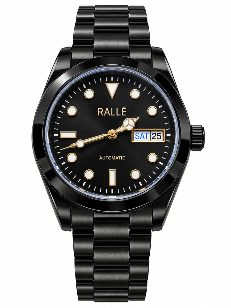 A RALLÉ automatic wristwatch with a black stainless steel case and integrated bracelet, featuring a black dial with gold-tone indices and hands, and a day-date window at 3 o'clock.