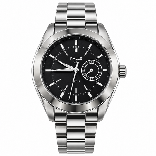 A silver stainless steel wristwatch with a black dial, featuring silver-tone hour markers and hands, a date sub-dial, and the brand name RALLÉ on the face, set against a plain white background.