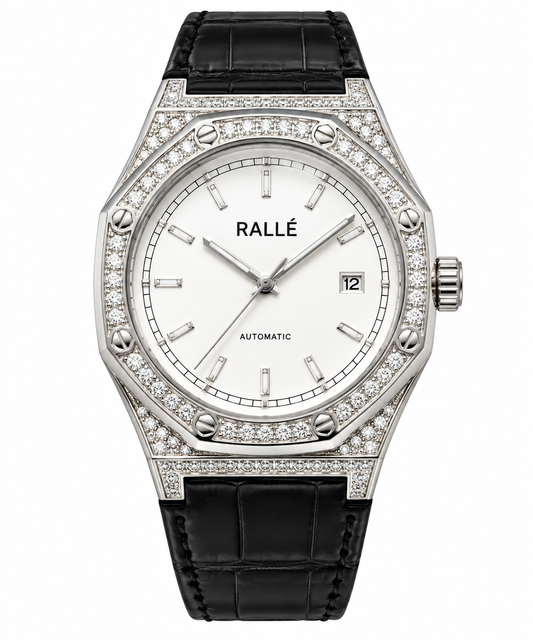 Rallé automatic watch with a silver-toned octagonal bezel set with pavé diamonds, a white dial with black Rallé branding, and a black alligator leather strap, shown on a white background.