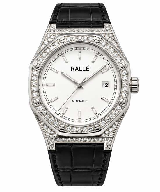 Rallé automatic watch with a silver-toned octagonal bezel set with pavé diamonds, a white dial with black Rallé branding, and a black alligator leather strap, shown on a white background.