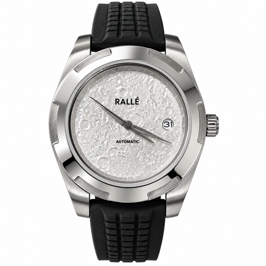 A Rallé automatic wristwatch with a silver stainless steel case, a textured white dial, and a black rubber strap, shown against a plain white background.