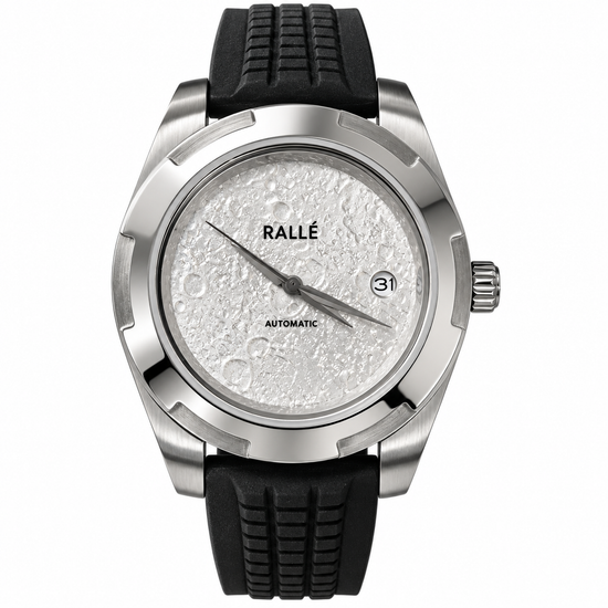A Rallé automatic wristwatch with a silver stainless steel case, a textured white dial, and a black rubber strap, shown against a plain white background.