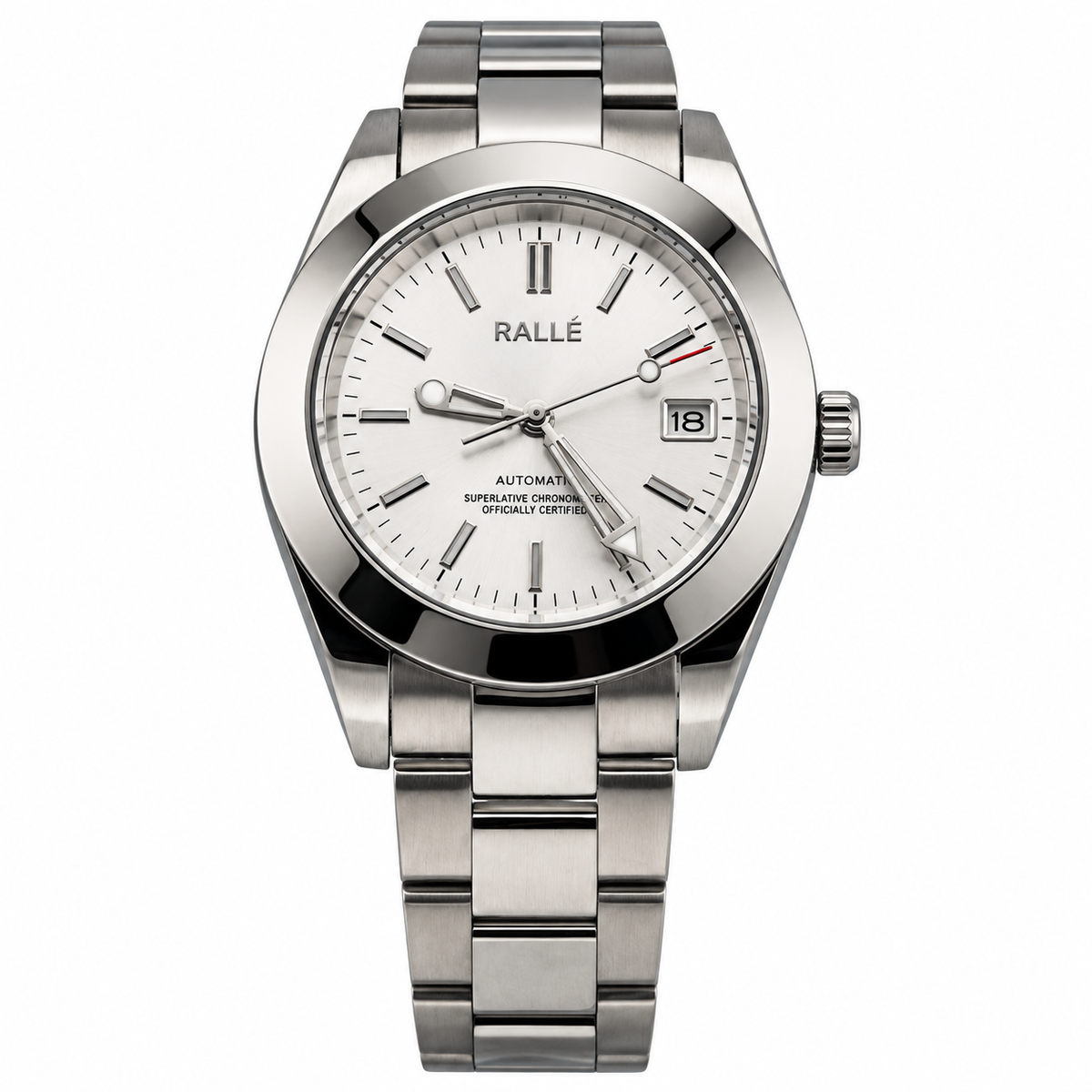 A silver stainless steel wristwatch with a white dial, silver-tone metal bracelet, and a date window, shown against a plain white background.