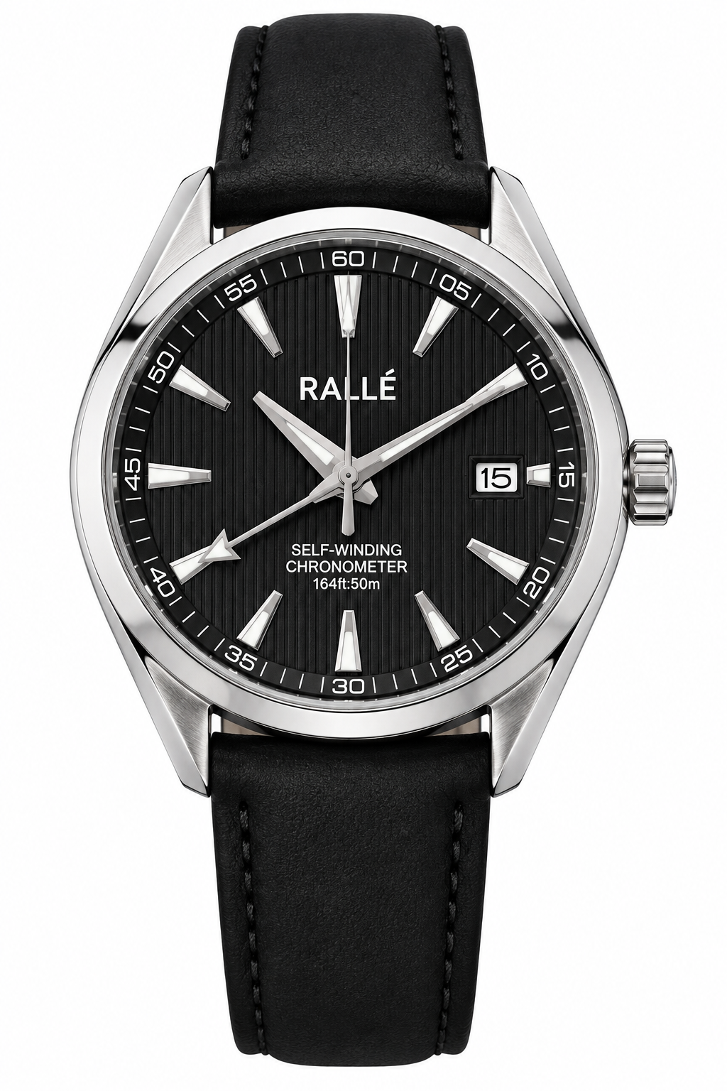 A Rallé wristwatch with a black dial, silver-tone stainless steel case, and a black leather strap, shown against a plain white background.