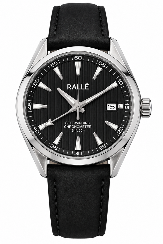 A Rallé wristwatch with a black dial, silver-tone stainless steel case, and a black leather strap, shown against a plain white background.