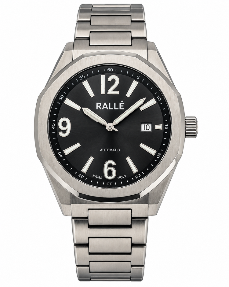 A Rallé automatic wristwatch with a brushed stainless steel octagonal case and integrated metal bracelet, featuring a black dial with silver-tone indices and a date window.