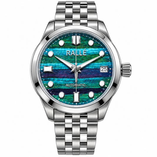 A Rallé automatic watch with a polished silver-tone stainless steel case and link bracelet, featuring a textured dial with horizontal bands of teal, green, and blue.