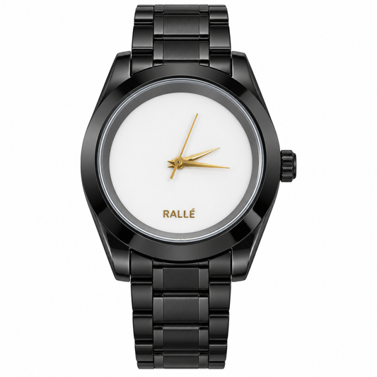 A Rallé wristwatch with a black stainless steel case and link bracelet, featuring a contrasting white dial with gold-tone hands and brand lettering.