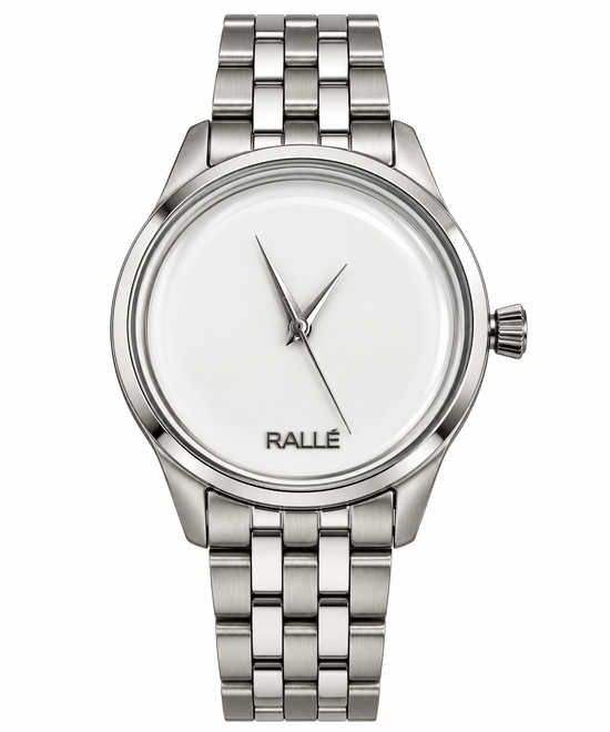 A minimalist silver-tone stainless steel watch with a white dial and a matching metal link bracelet, featuring the brand name 'RALLÉ' printed on the dial.