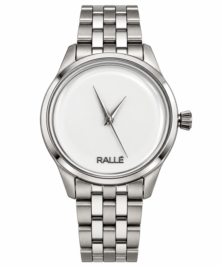 A minimalist silver-tone stainless steel watch with a white dial and a matching metal link bracelet, featuring the brand name 'RALLÉ' printed on the dial.