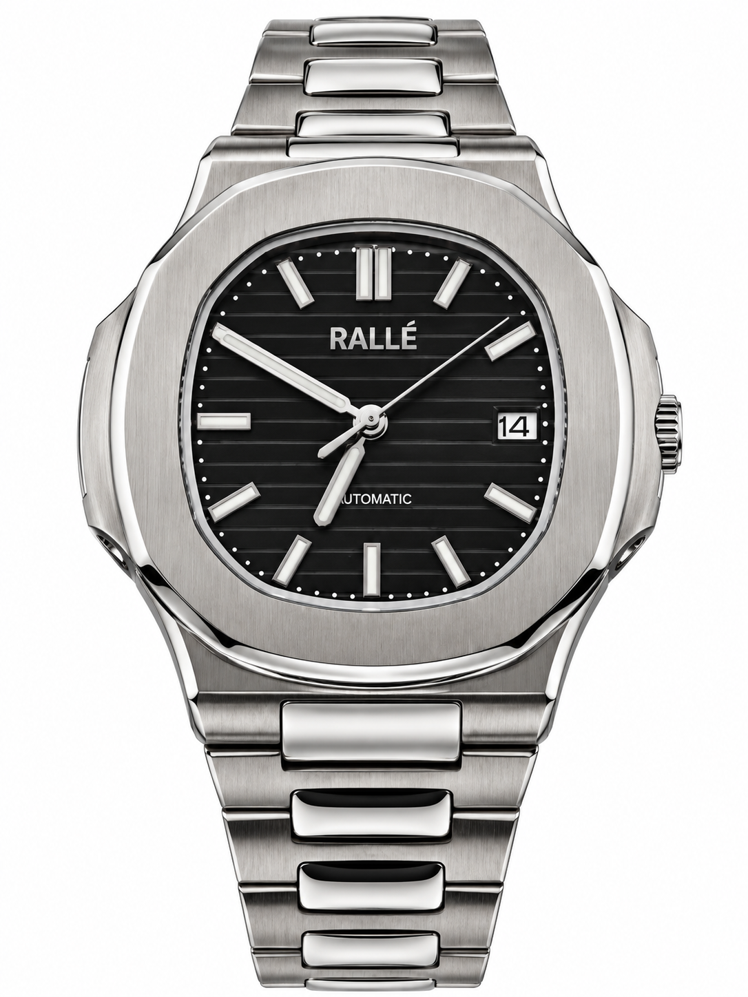 A Rallé automatic wristwatch with a brushed silver stainless steel case and integrated link bracelet, featuring a black dial with silver indices and hands.