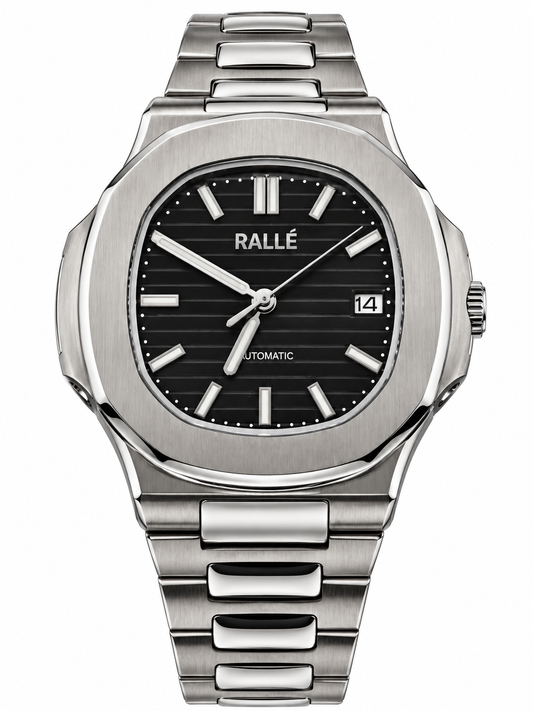 A Rallé automatic wristwatch with a brushed silver stainless steel case and integrated link bracelet, featuring a black dial with silver indices and hands.