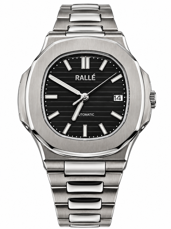 A Rallé automatic wristwatch with a brushed silver stainless steel case and integrated link bracelet, featuring a black dial with silver indices and hands.