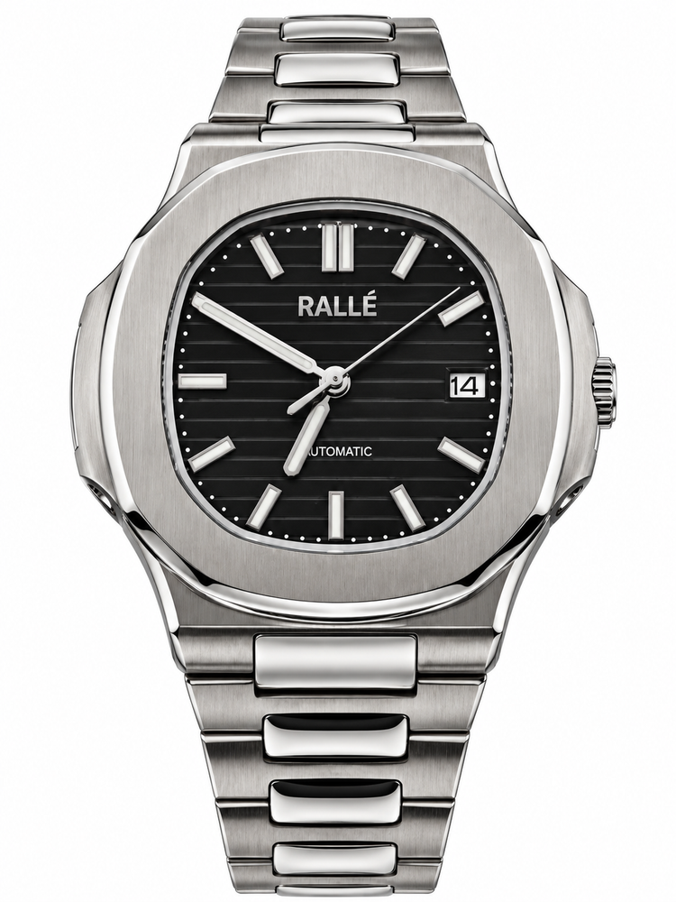 A Rallé automatic wristwatch with a brushed silver stainless steel case and integrated link bracelet, featuring a black dial with silver indices and hands.
