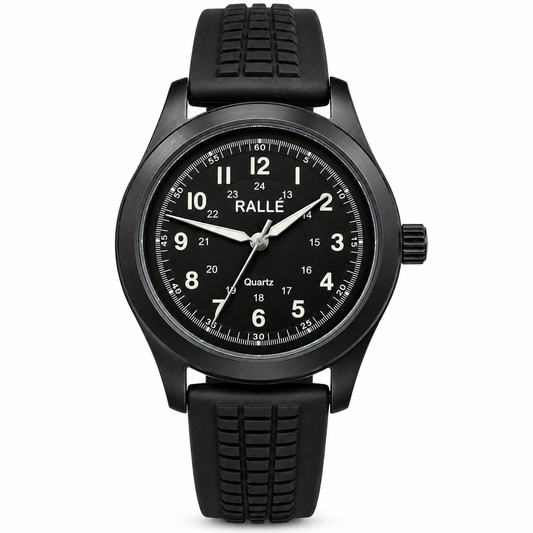 A RALLE brand black quartz watch with a textured black strap, black case, and a black dial featuring white Arabic numerals and hands.