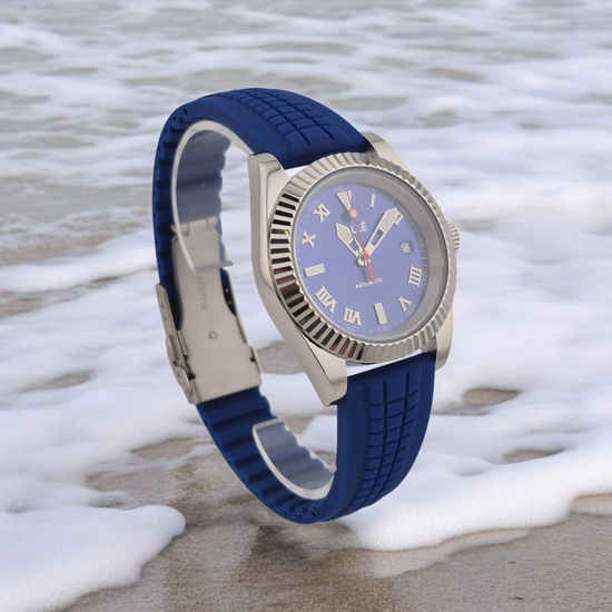 Rallé Blue Sovereign Watch - Strap detail showing premium stainless steel case and dial details.