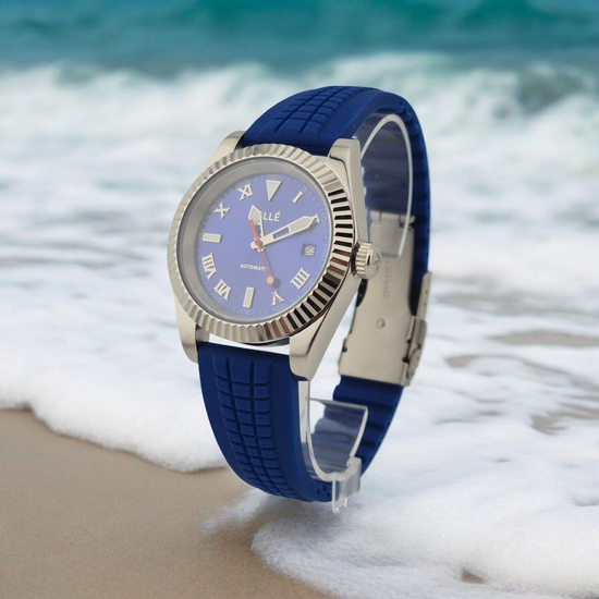 Rallé Blue Sovereign Watch - Case back view showing premium stainless steel case and dial details.