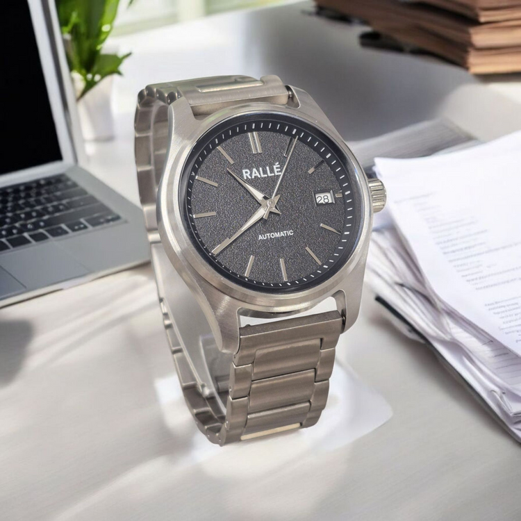 Rallé Solara Watch - Angle view showing premium stainless steel case and dial details.
