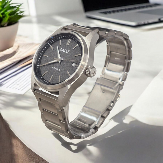 Rallé Solara Watch - 45-degree angle showing premium stainless steel case and dial details.