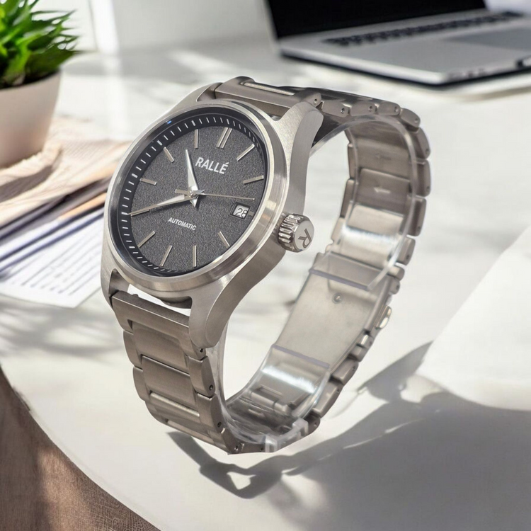 Rallé Solara Watch - 45-degree angle showing premium stainless steel case and dial details.