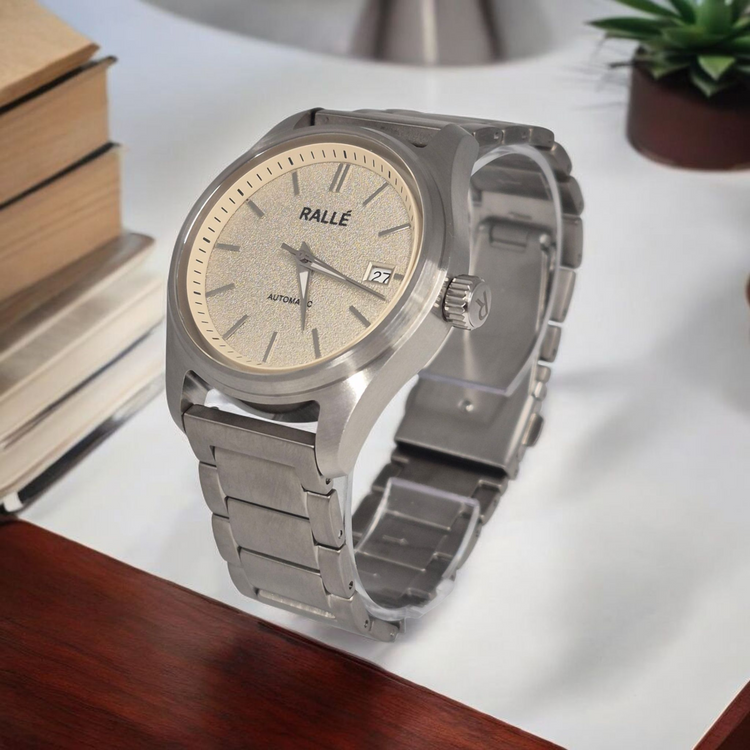 Rallé Solara Watch - Strap detail showing premium stainless steel case and dial details.