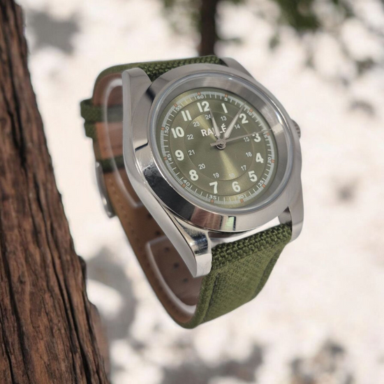 Rallé FULL CIRCLE - GREEN Watch - Crown detail showing premium stainless steel case and dial details.