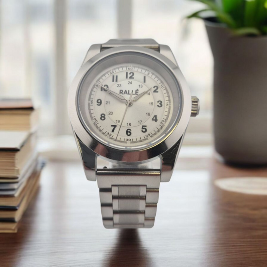 Rallé FULL CIRCLE - SILVER Watch - Side view showing premium stainless steel case and dial details.
