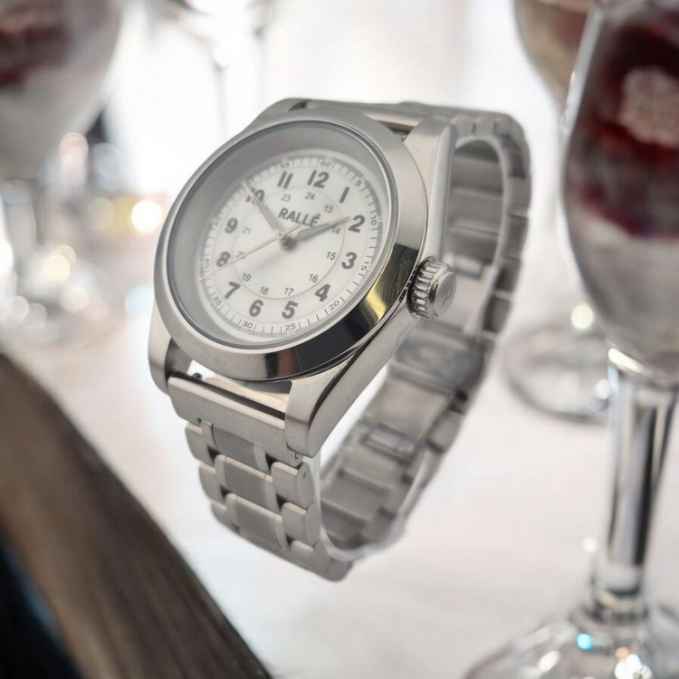 Rallé FULL CIRCLE - SILVER Watch - Profile view showing premium stainless steel case and dial details.