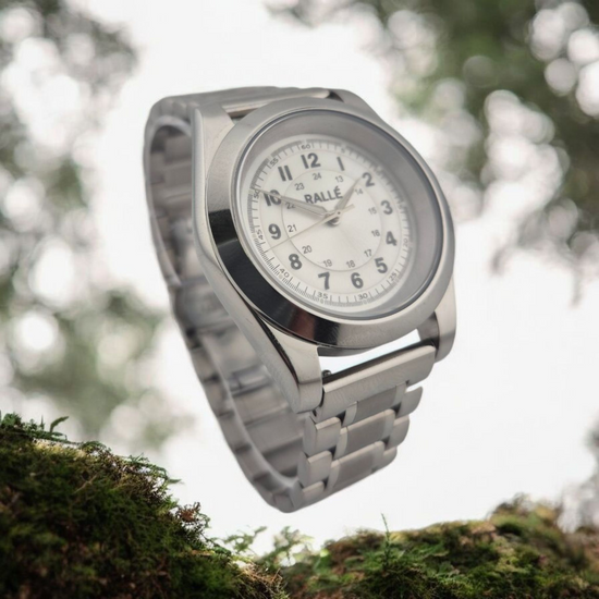 Rallé FULL CIRCLE - SILVER Watch - Wrist shot showing premium stainless steel case and dial details.